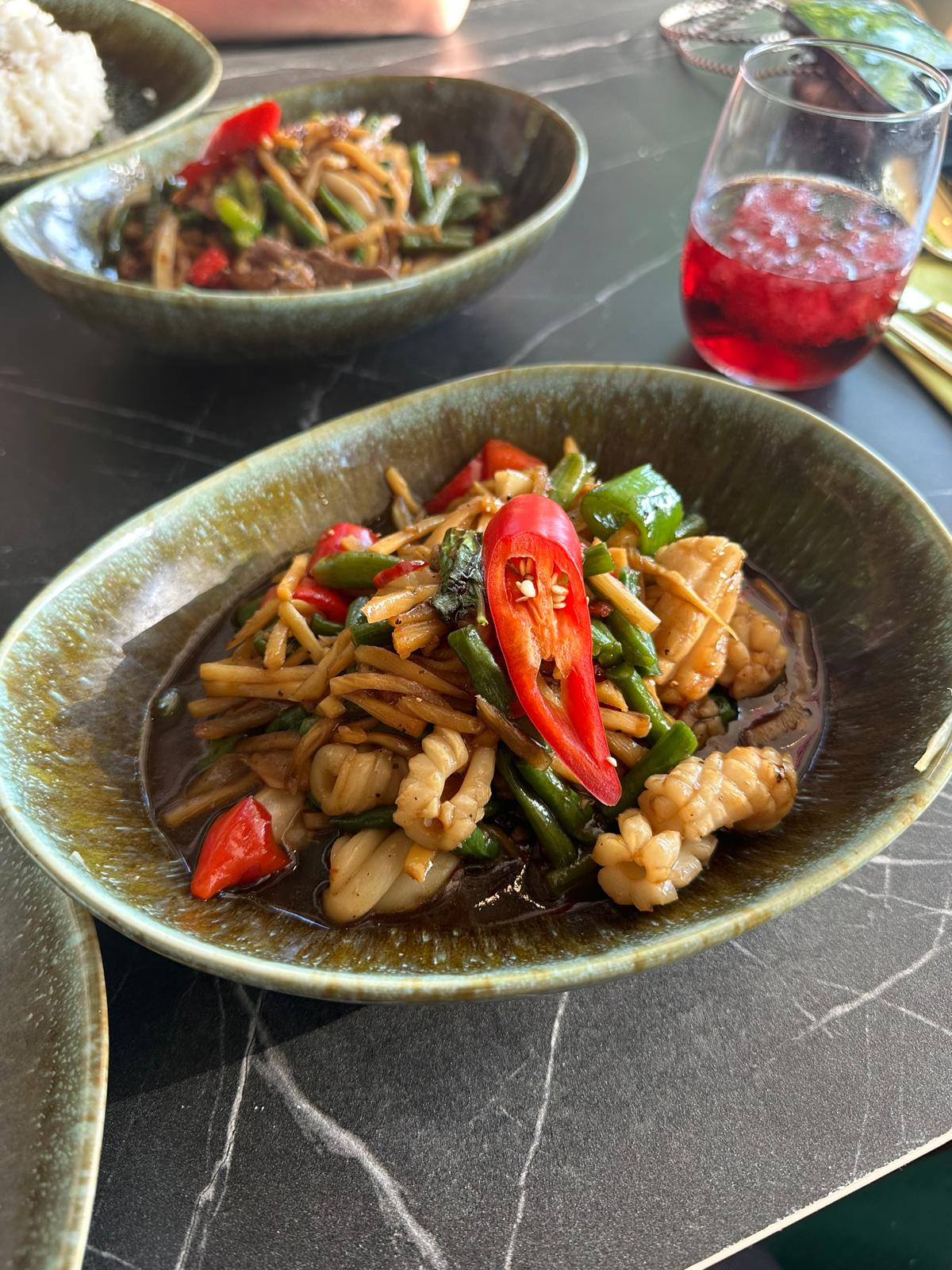 Duck and squid with basil, long beans and veggies